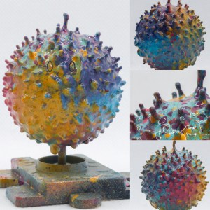 Four images of an extremely bumpy haro that is yellow, pink, blue, and purple.