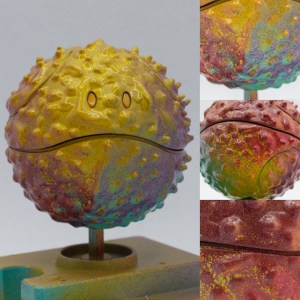 Four images of an extremely bumpy haro that is yellow, pink, blue, and purple.